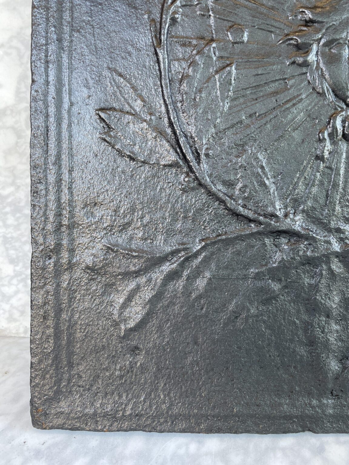 Antique Cast-Iron Fireback with Sun Motif — detail 2