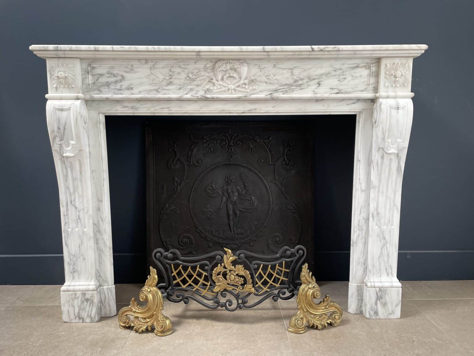 Arabescato Marble French Antique Front Fireplace