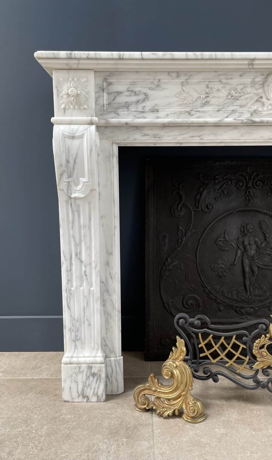 Arabescato Marble French Antique Front Fireplace — detail 1