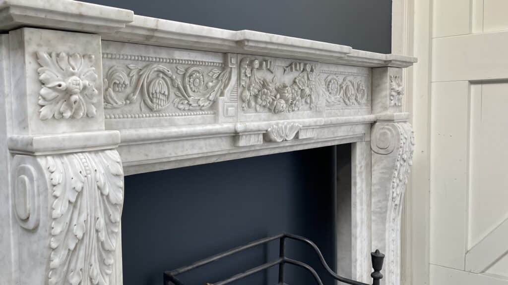 Richly Detailed French Marble Front Fireplace