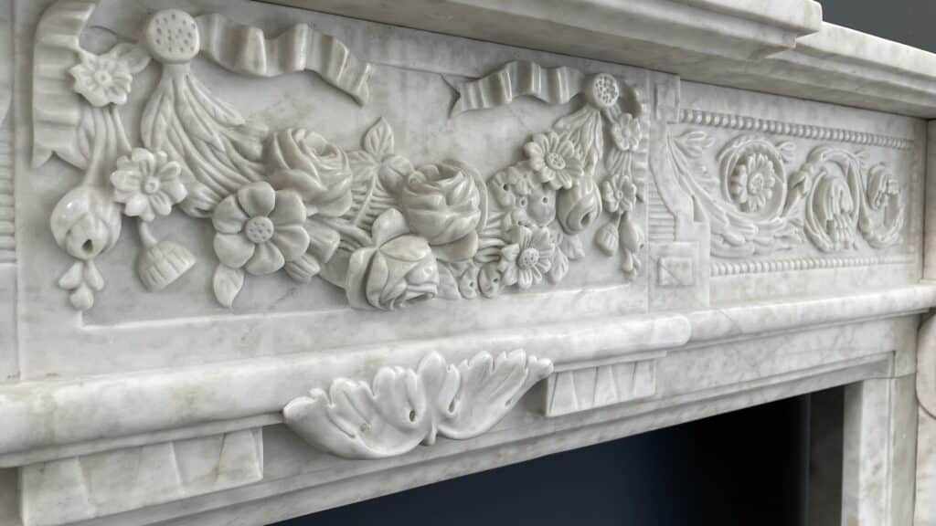 Richly Detailed French Marble Front Fireplace