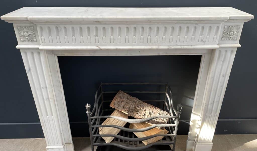 Antique French Front Fireplace White Carrara Marble