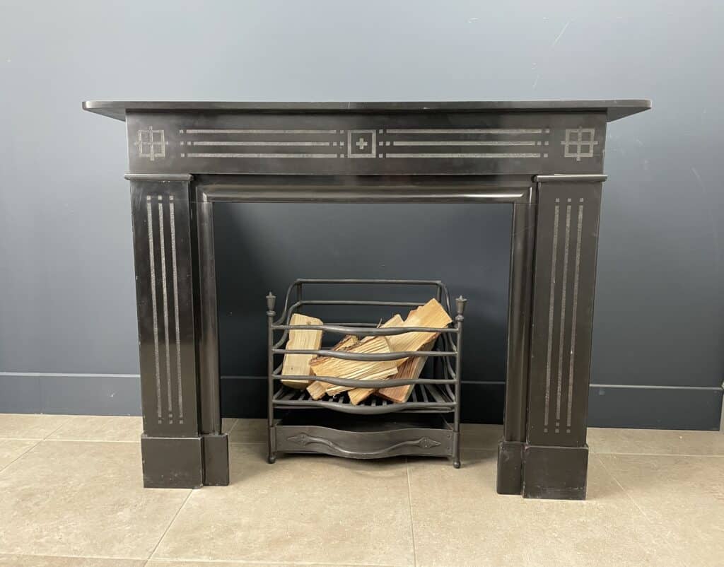 Antique Black Marble Etched Circular Fireplace