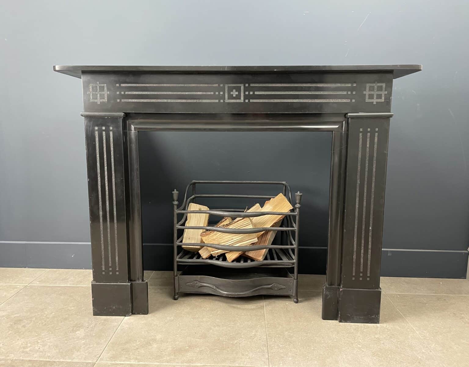 Antique Black Marble Etched Circular Fireplace