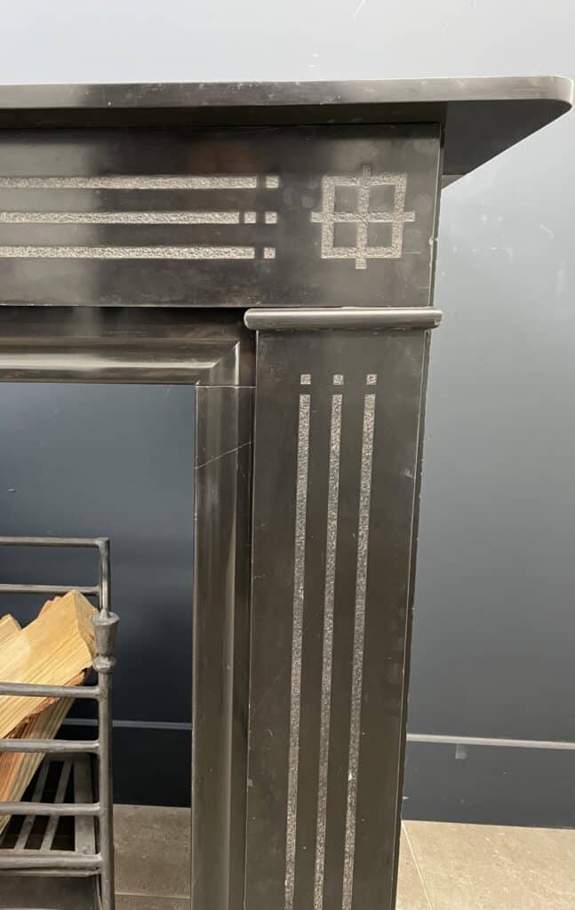 Antique Black Marble Etched Circular Fireplace