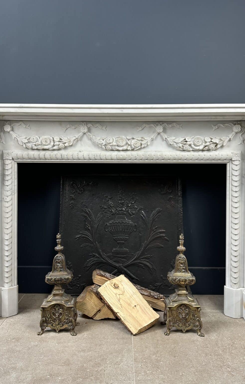 Carrara Marble Antique Front Fireplace with Garland — detail 2