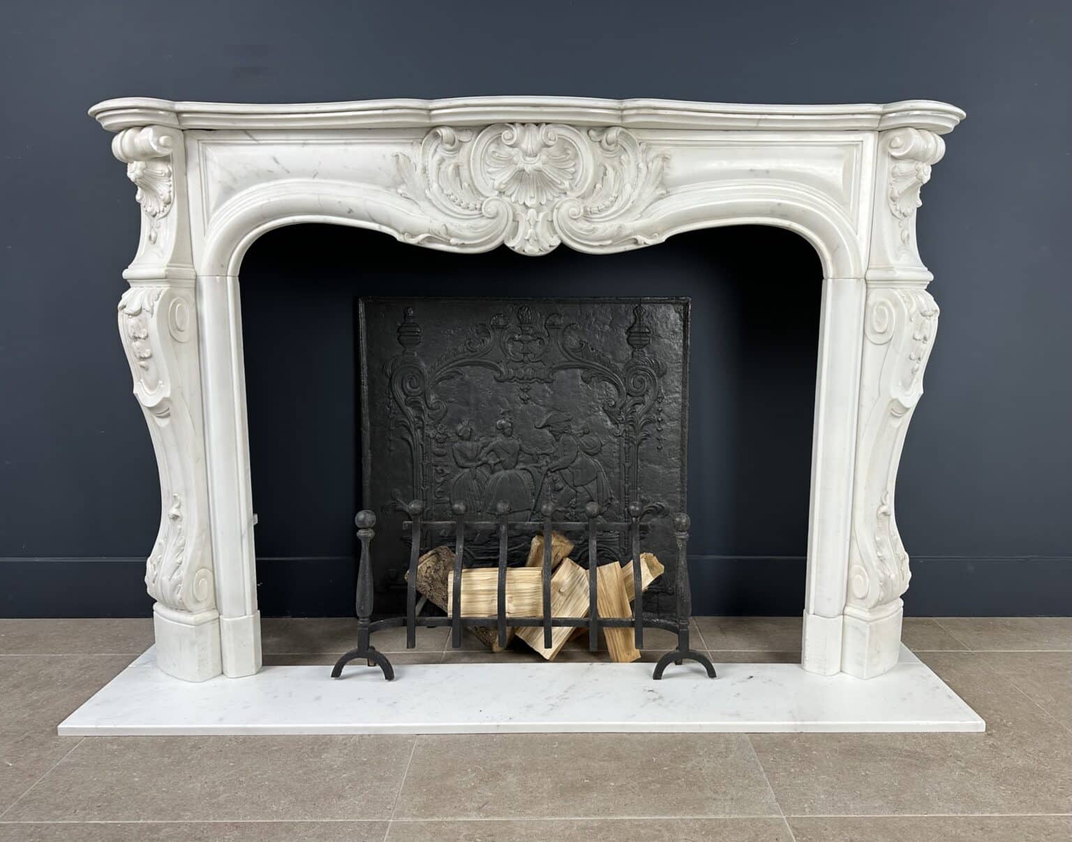 Beautiful French Antique Front Shell Fireplace White Carrara Marble Includes Floor Plate