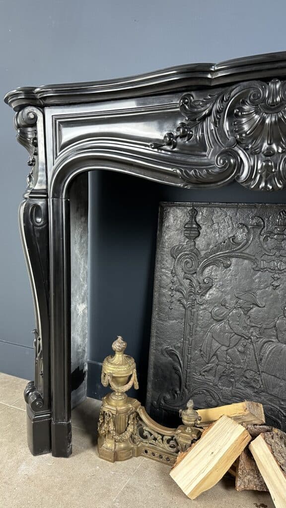Refined Louis XV Style: Antique Marble Front Fireplace in Noir de Mazy Marble