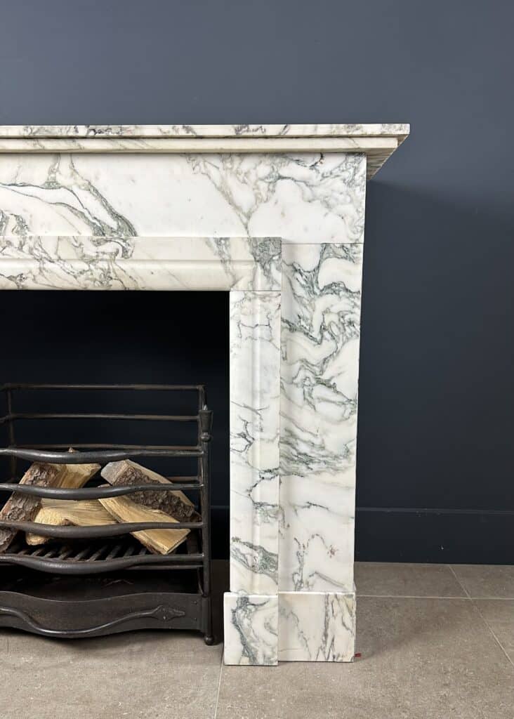 Antique Art Deco Circular Fireplace in White Marble with Veining