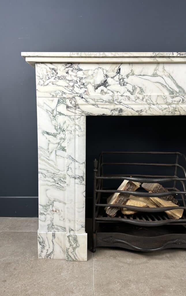 Antique Art Deco Circular Fireplace in White Marble with Veining