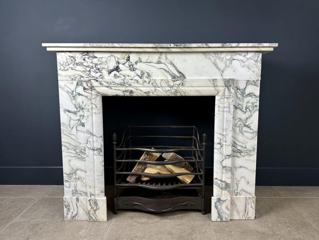 Antique Art Deco Circular Fireplace in White Marble with Veining
