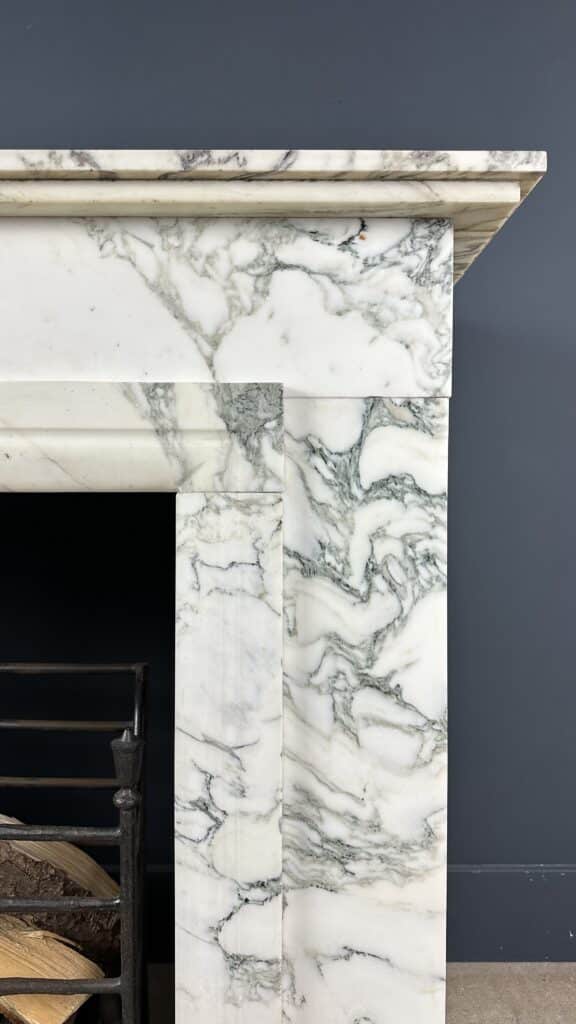 Antique Art Deco Circular Fireplace in White Marble with Veining