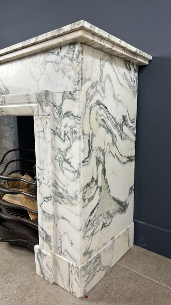 Antique Art Deco Circular Fireplace in White Marble with Veining