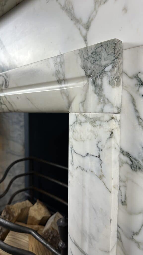 Antique Art Deco Circular Fireplace in White Marble with Veining