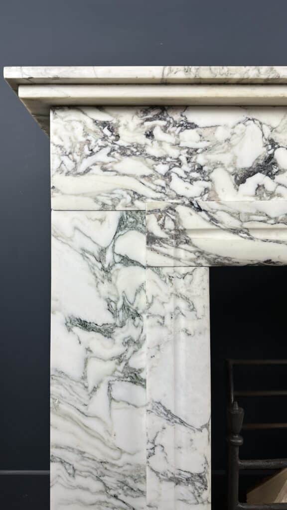 Antique Art Deco Circular Fireplace in White Marble with Veining