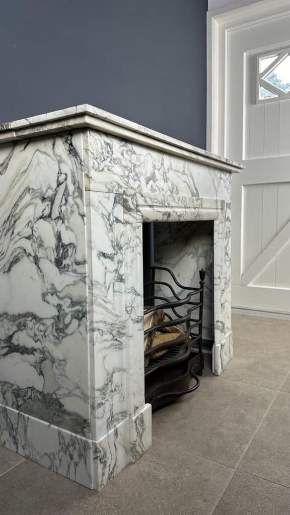 Antique Art Deco Circular Fireplace in White Marble with Veining