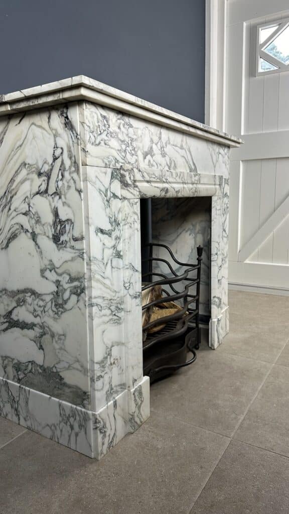 Antique Art Deco Circular Fireplace in White Marble with Veining