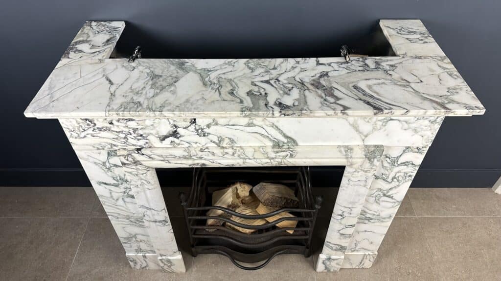 Antique Art Deco Circular Fireplace in White Marble with Veining