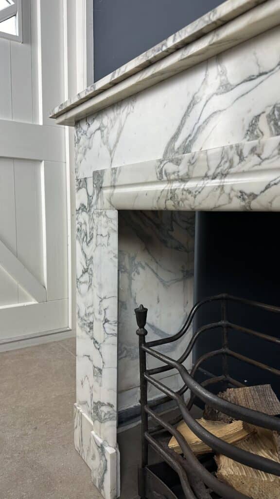Antique Art Deco Circular Fireplace in White Marble with Veining