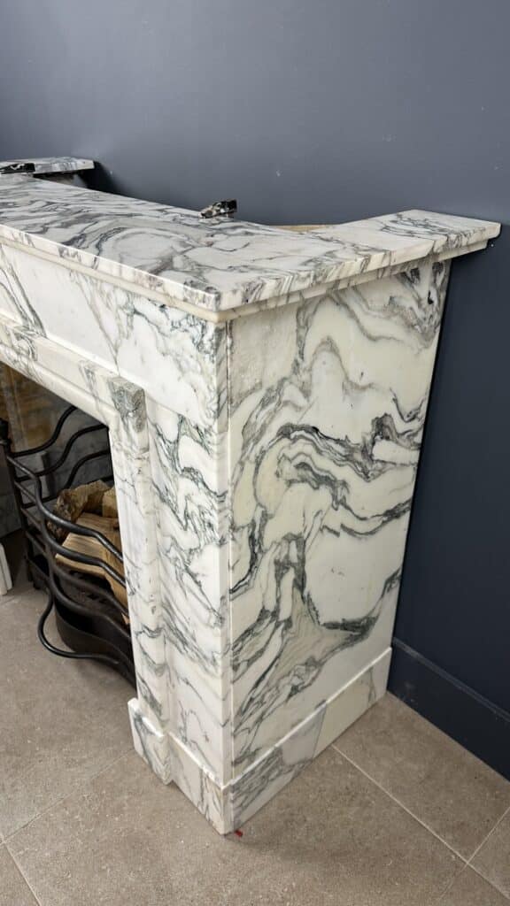 Antique Art Deco Circular Fireplace in White Marble with Veining