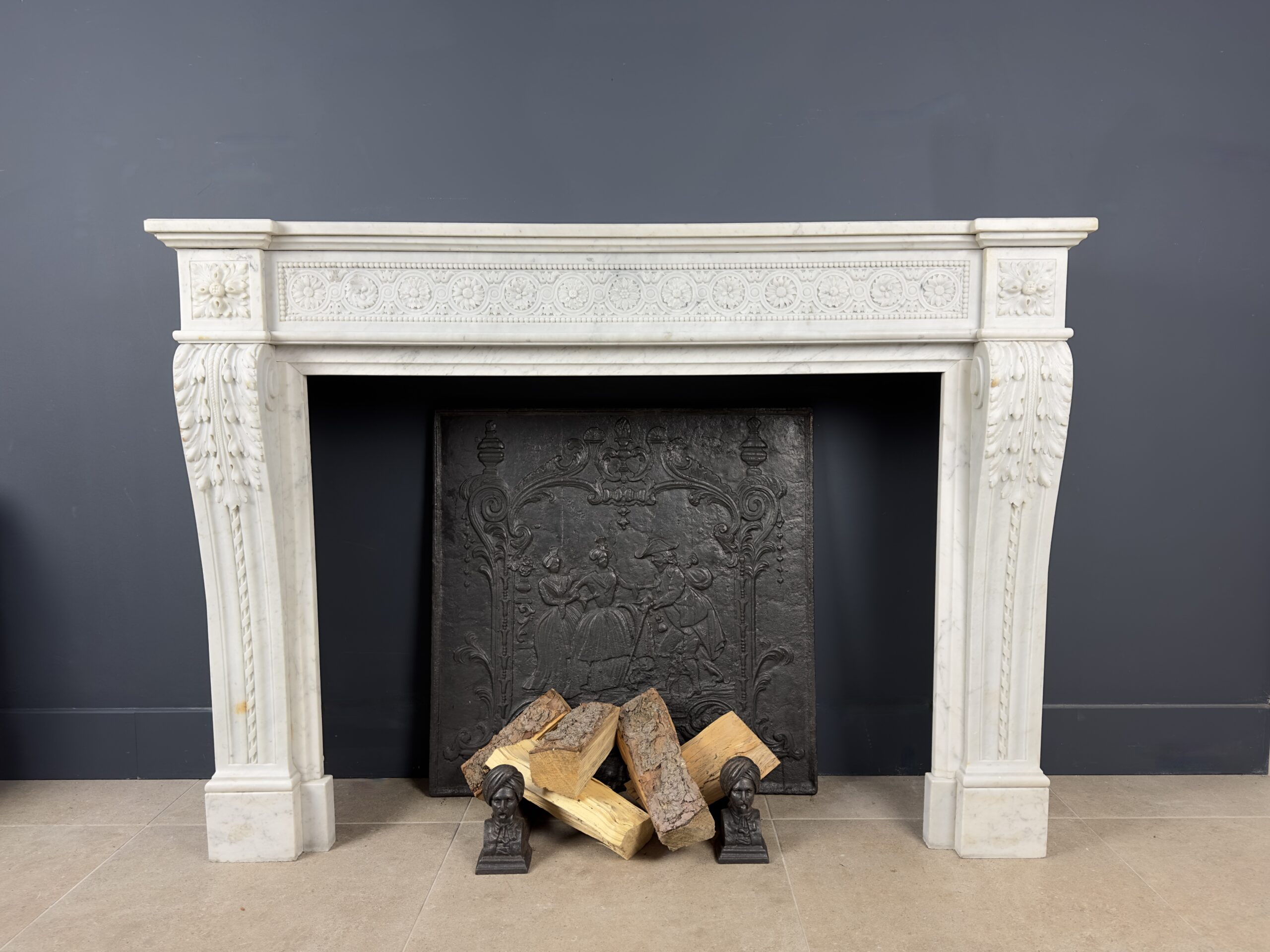Beautiful French Antique Louis XV Front Fireplace in Carrara Marble