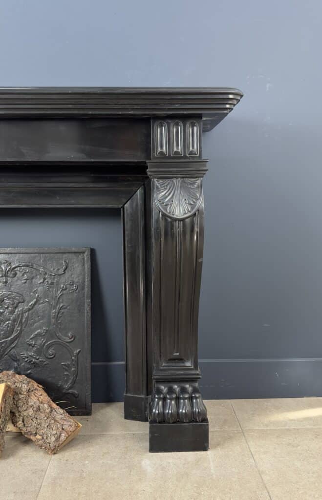 Magnificent Richly Decorated Front Fireplace in Noir de Mazy Black Marble
