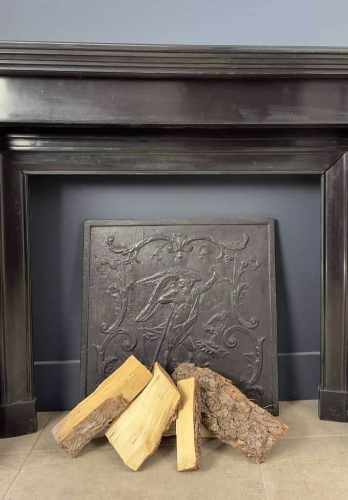 Magnificent Richly Decorated Front Fireplace in Noir de Mazy Black Marble