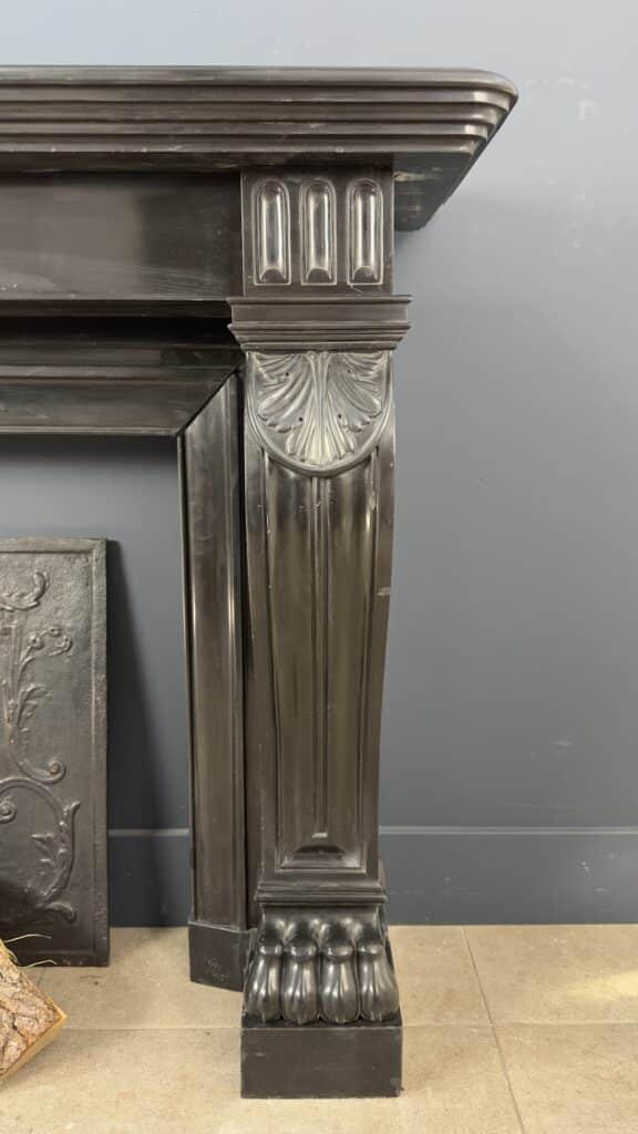 Magnificent Richly Decorated Front Fireplace in Noir de Mazy Black Marble