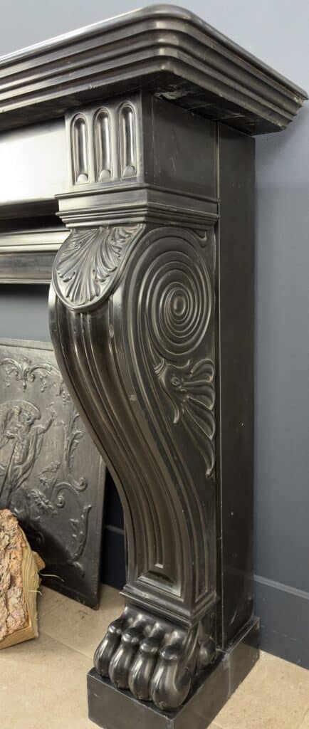 Magnificent Richly Decorated Front Fireplace in Noir de Mazy Black Marble