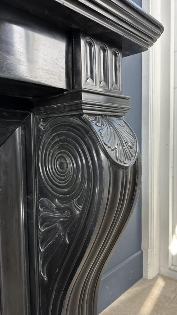 Magnificent Richly Decorated Front Fireplace in Noir de Mazy Black Marble