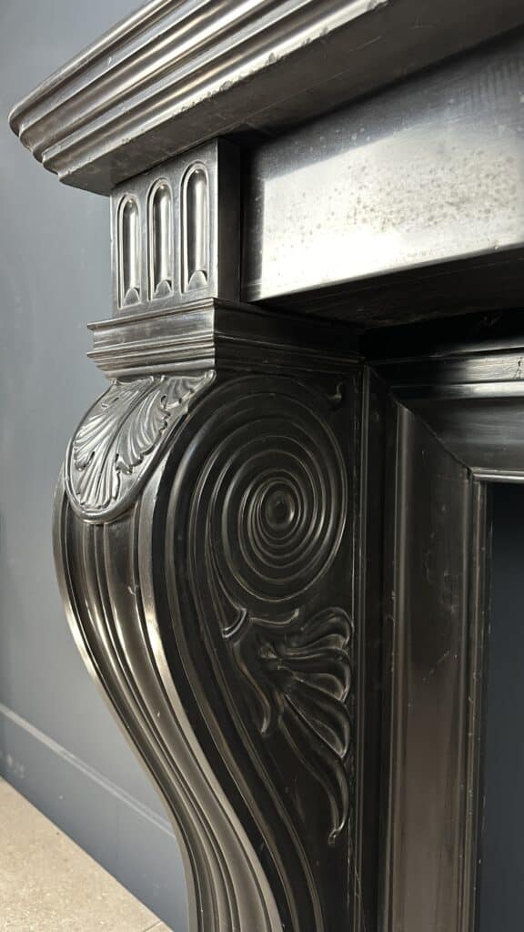Magnificent Richly Decorated Front Fireplace in Noir de Mazy Black Marble