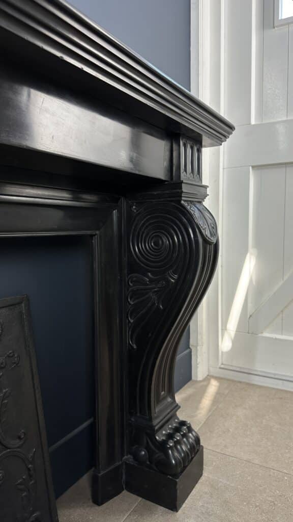 Magnificent Richly Decorated Front Fireplace in Noir de Mazy Black Marble