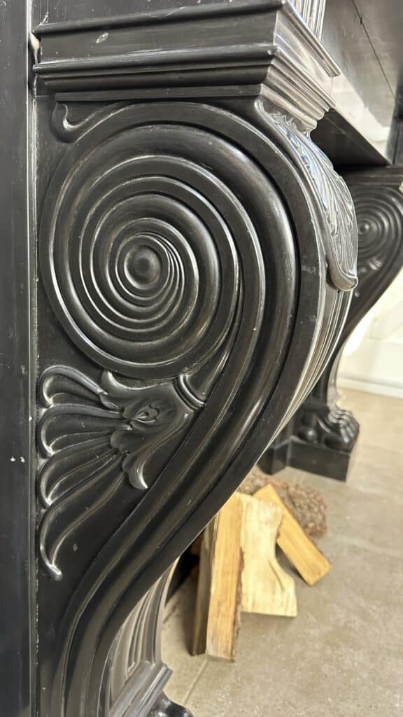 Magnificent Richly Decorated Front Fireplace in Noir de Mazy Black Marble