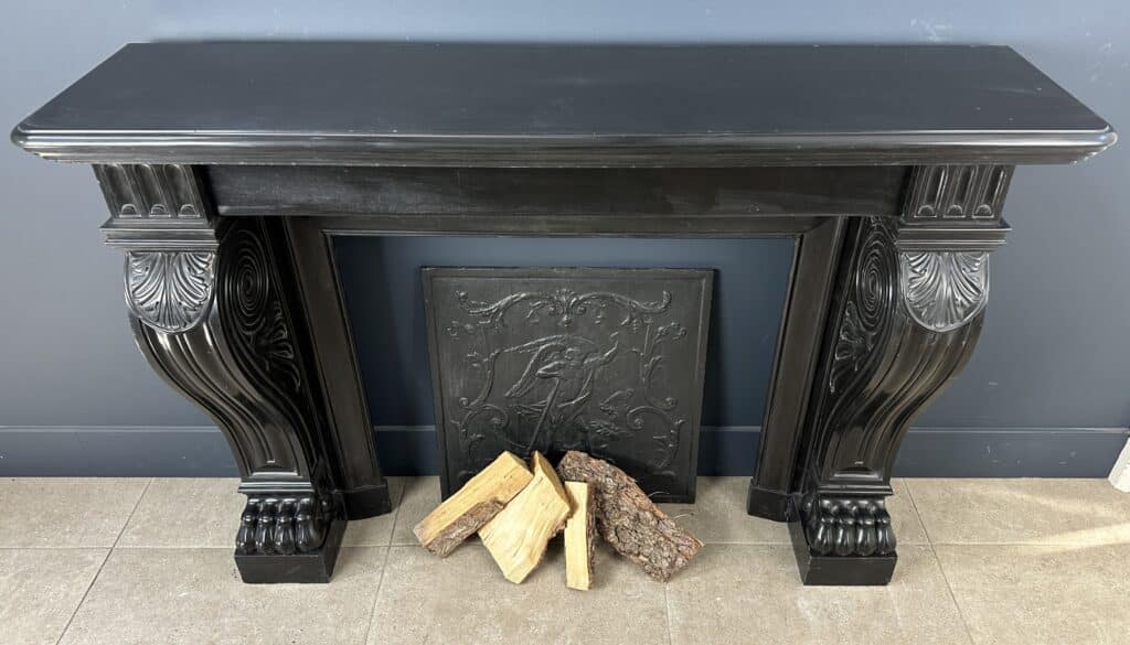 Magnificent Richly Decorated Front Fireplace in Noir de Mazy Black Marble