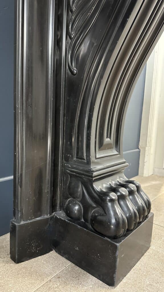 Magnificent Richly Decorated Front Fireplace in Noir de Mazy Black Marble