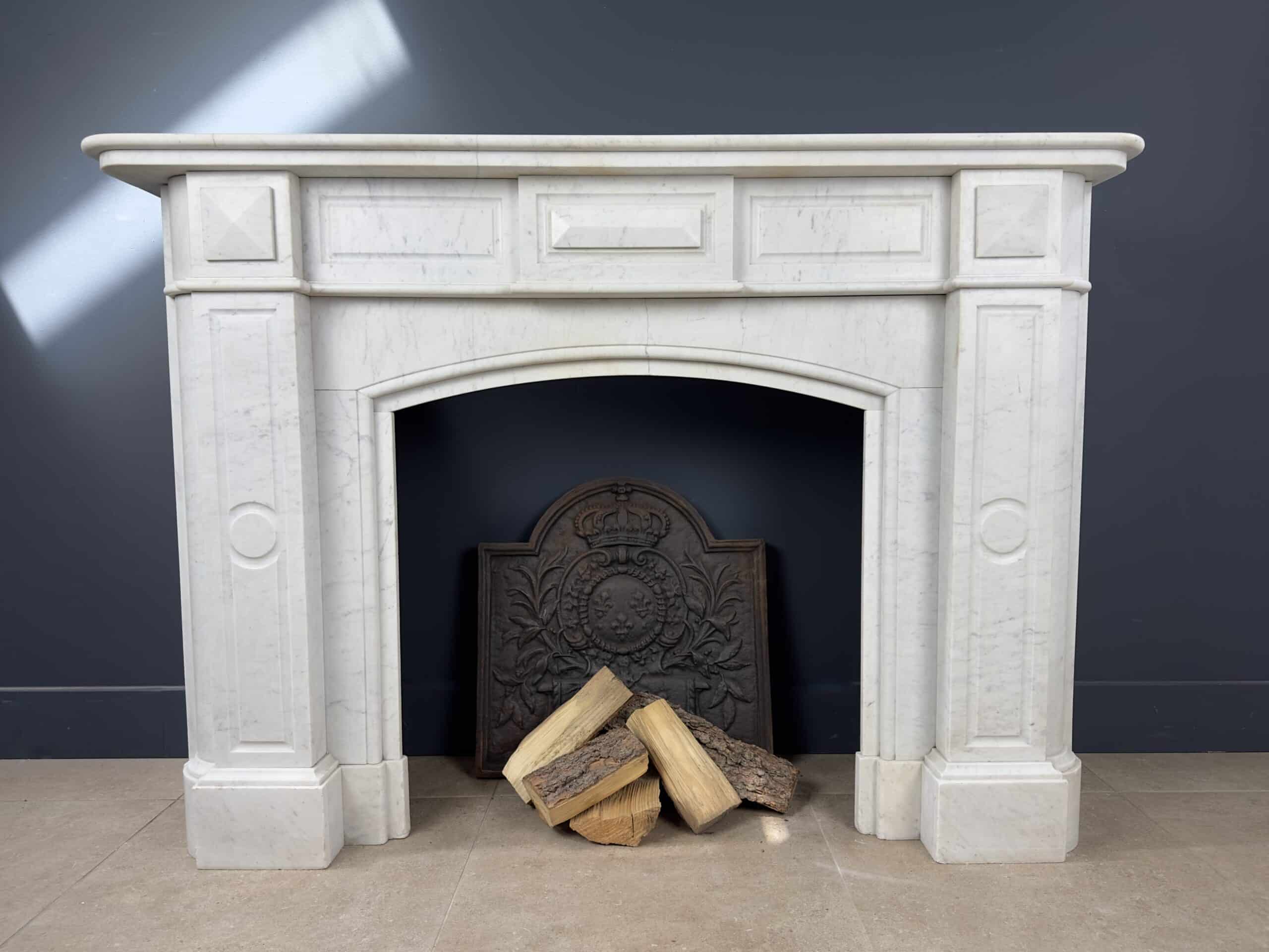 Distinctive Antique Circular Fireplace with Round Consoles in White Carrara Marble