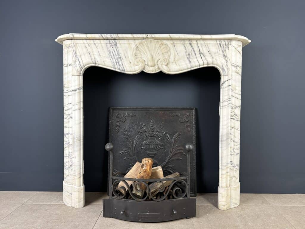 Antique Shell Front Fireplace in White Marble with Veining