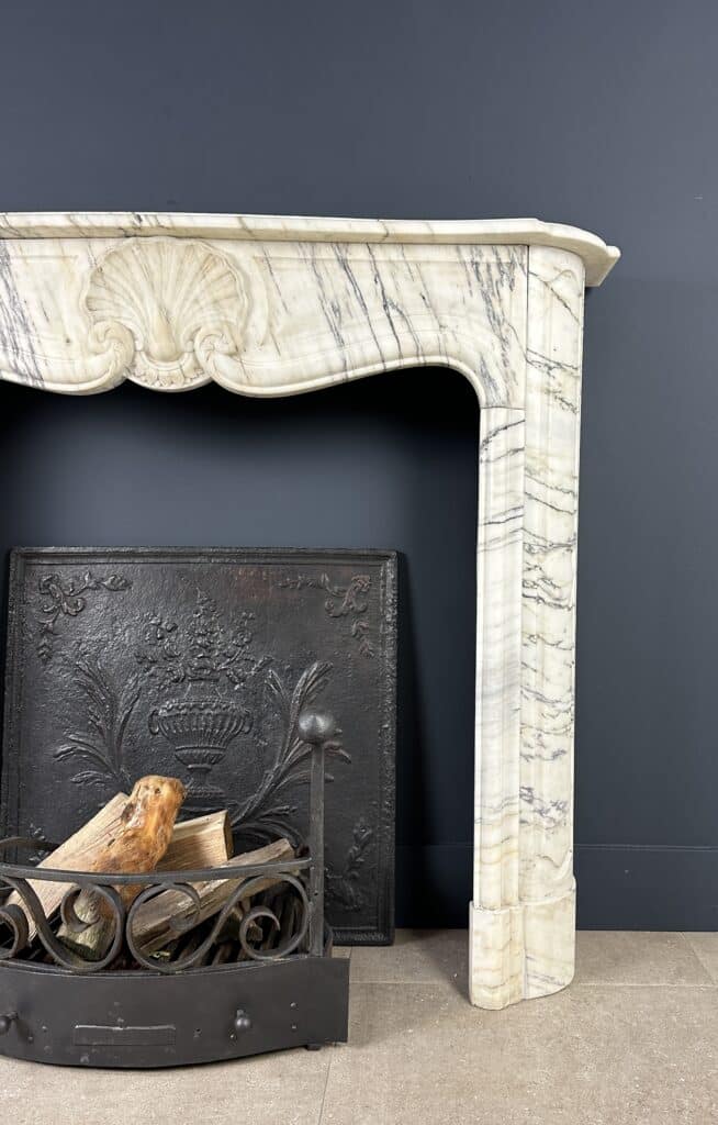 Antique Shell Front Fireplace in White Marble with Veining
