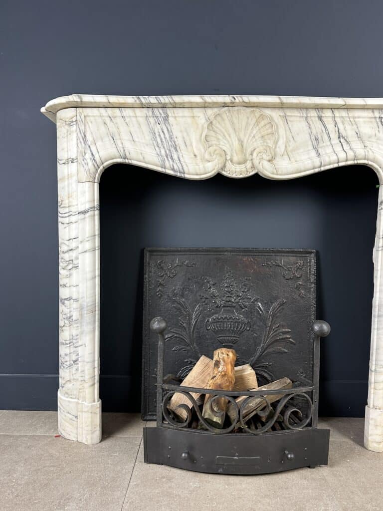 Antique Shell Front Fireplace in White Marble with Veining