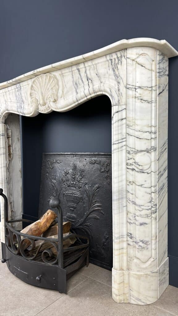 Antique Shell Front Fireplace in White Marble with Veining