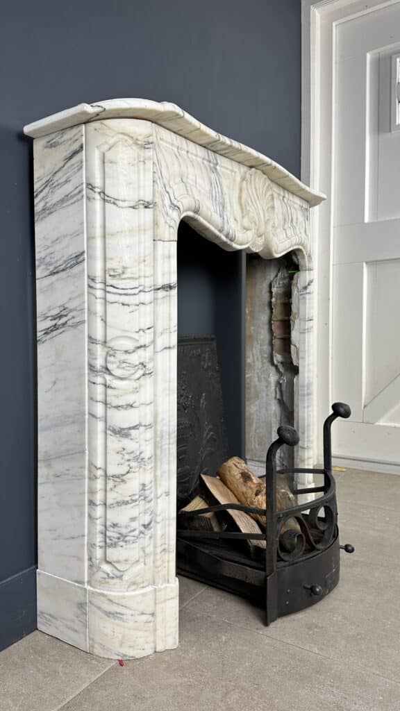 Antique Shell Front Fireplace in White Marble with Veining