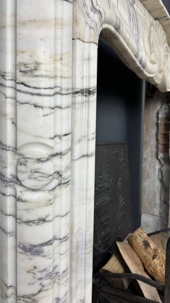 Antique Shell Front Fireplace in White Marble with Veining