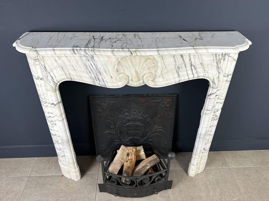 Antique Shell Front Fireplace in White Marble with Veining