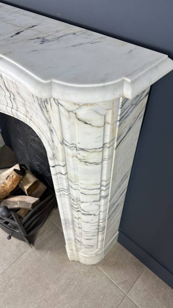 Antique Shell Front Fireplace in White Marble with Veining