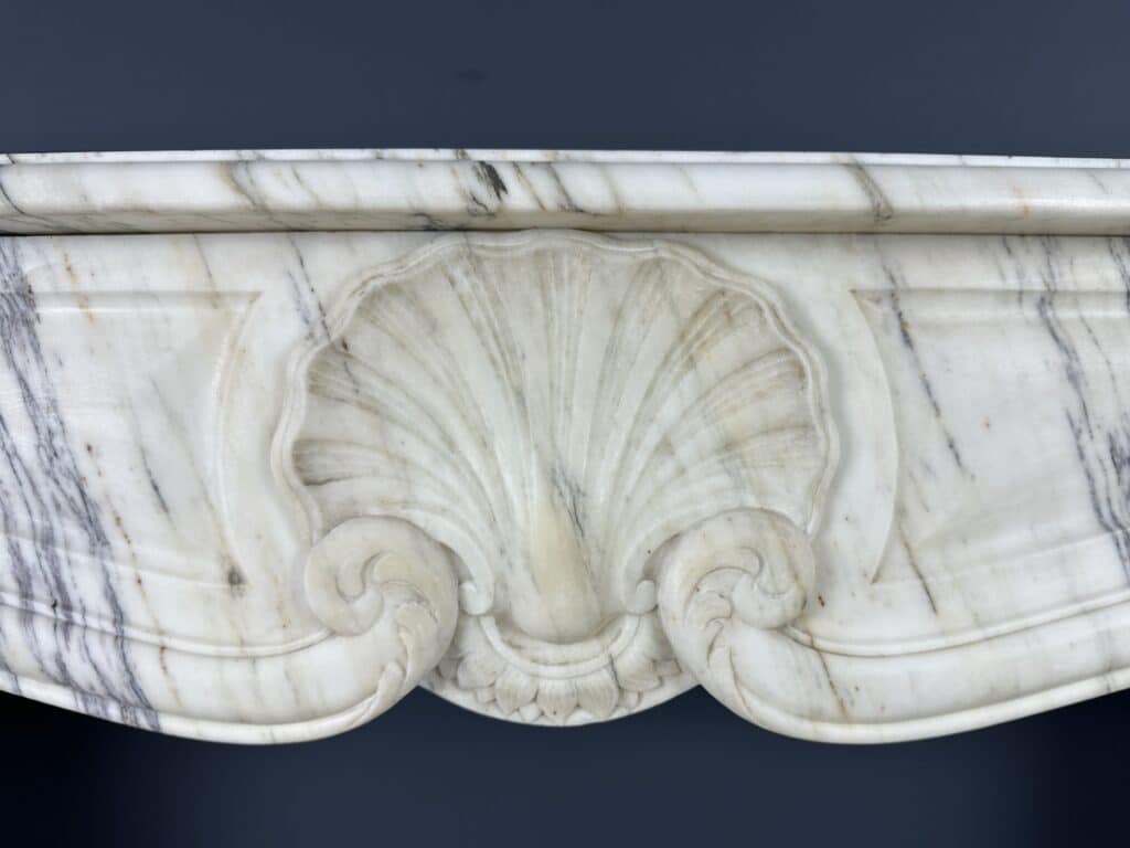 Antique Shell Front Fireplace in White Marble with Veining