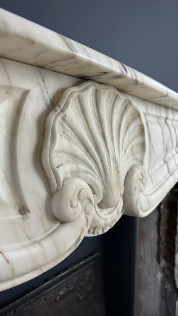 Antique Shell Front Fireplace in White Marble with Veining