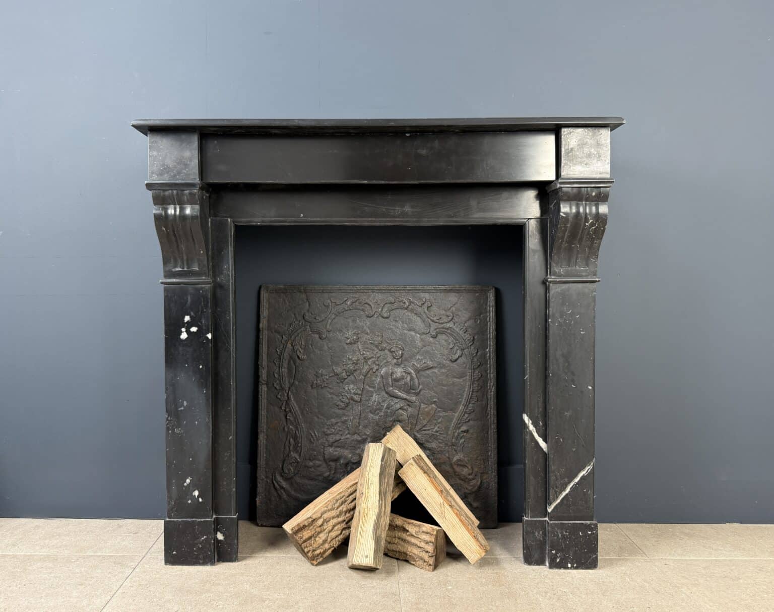 Antique Front Fireplace in Black Marble with White Veining