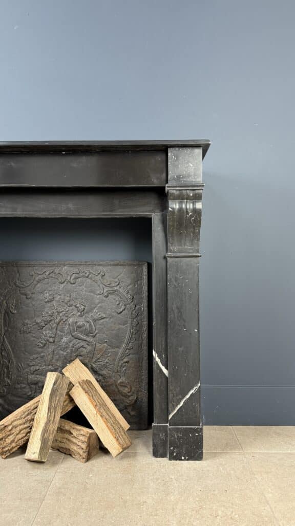 Antique Front Fireplace in Black Marble with White Veining