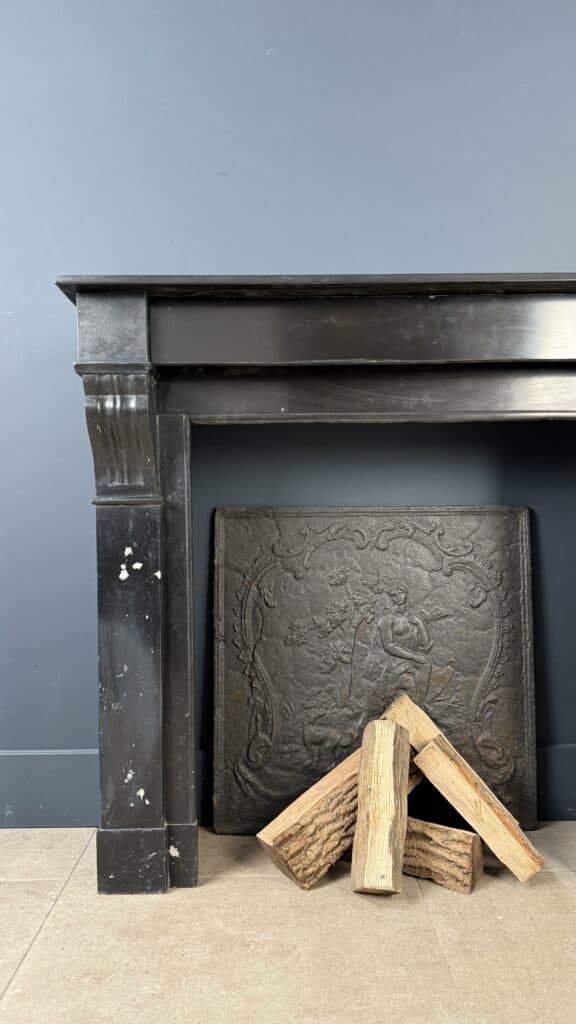 Antique Front Fireplace in Black Marble with White Veining