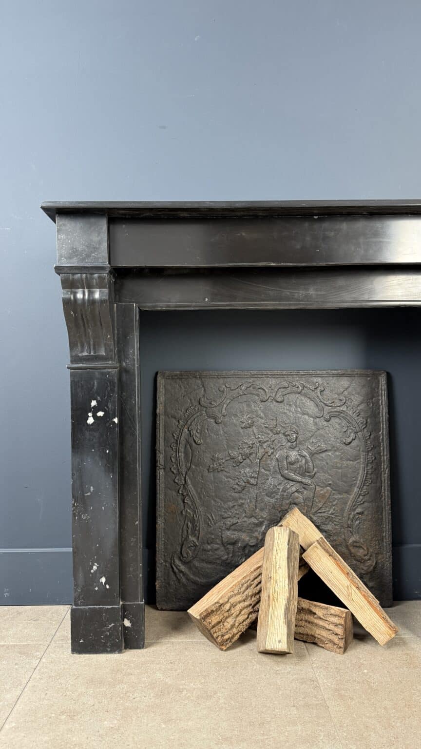 Antique Front Fireplace in Black Marble with White Veining — detail 2